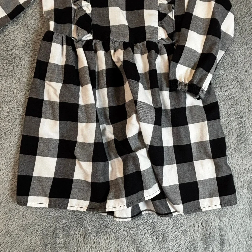 The Childrens Place Girls 3T Buffalo Plaid Ruffle Long Sleeve Dress Black White